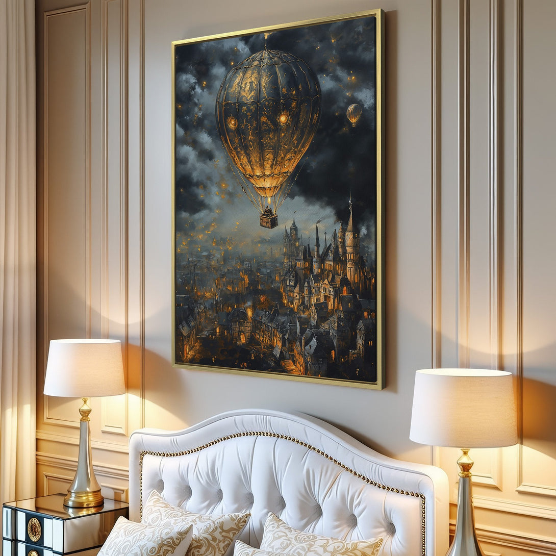 Canvas Print of a steampunk hot air balloon over a fantasy city, with a warm gold and dark gray color palette. Perfect wall art!