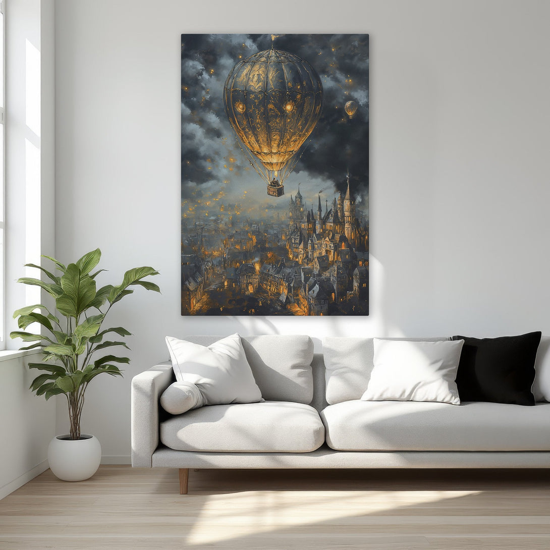 Framed Wall Art featuring a fantasy hot air balloon over a medieval city. Dark, dramatic painting with gold and warm tones, perfect for any room.