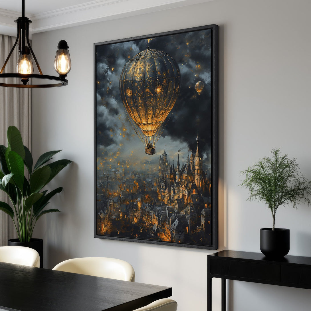Framed Wall Art: Steampunk hot air balloon over a city. Dramatic, fantasy style with dark, moody blues, golds, and oranges. Perfect for any room!