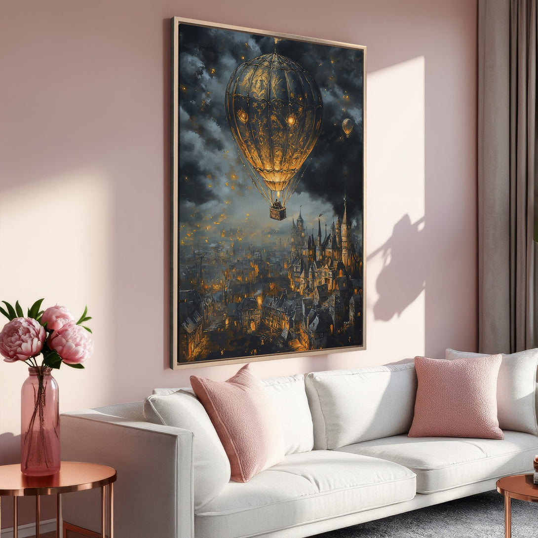Framed Wall Art featuring a fantasy hot air balloon over a city, in a warm, moody color palette. Perfect for adding a touch of whimsy to your home!