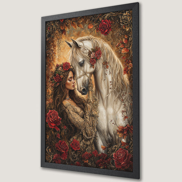 Framed Poster: Woman & horse art print with red roses, romantic style, warm color palette. Perfect wall decor.