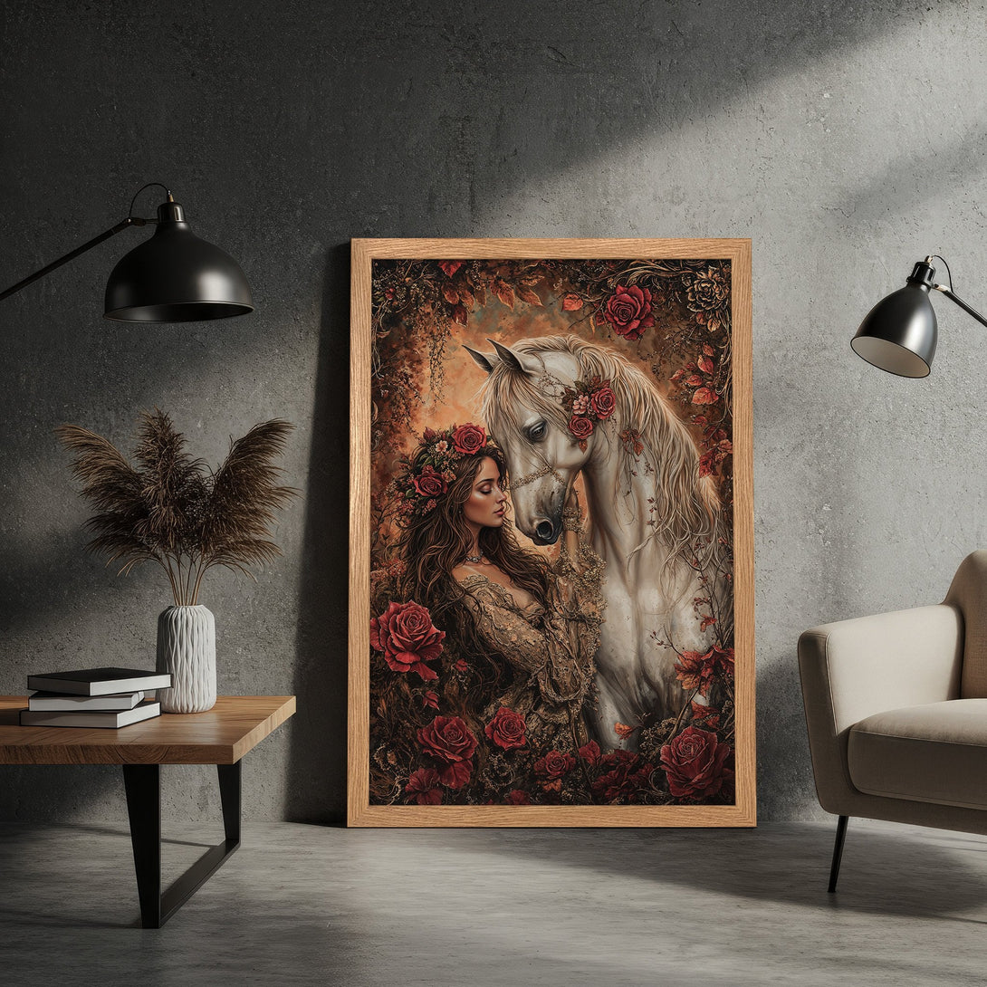 Framed Poster featuring a woman and white horse, romantic art style with red and brown color palette. Perfect wall decor!
