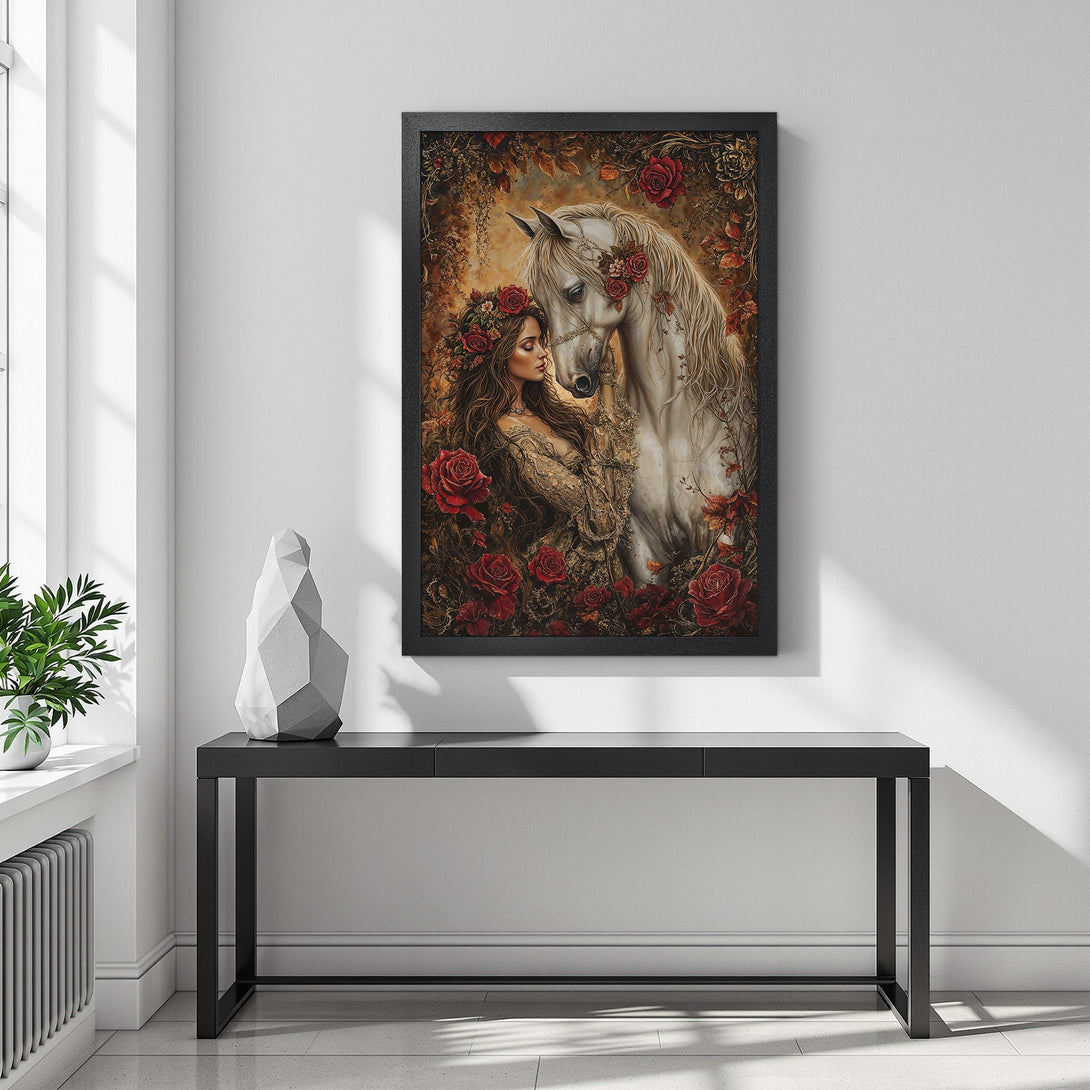 Framed Poster featuring a woman and horse in a romantic style, with a warm, earthy color palette. Perfect wall art!