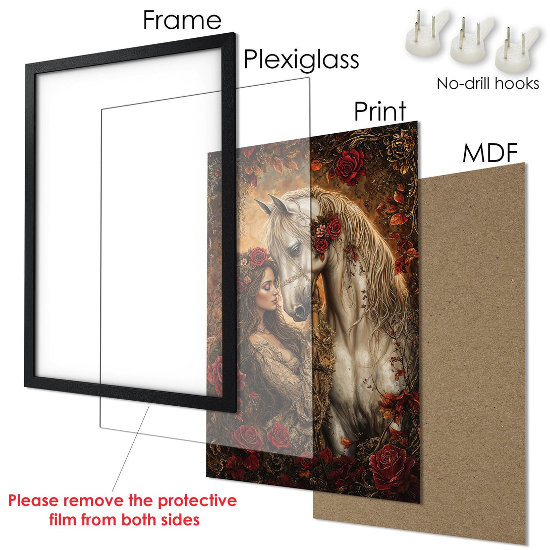 Framed Poster featuring a white horse and woman, romantic style, with a warm, earthy color palette. Perfect wall art!