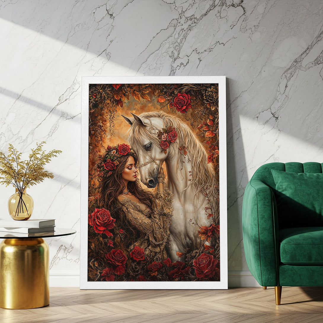 Framed Poster featuring a woman and white horse, romantic style with warm, earthy tones and red roses. Perfect wall art!