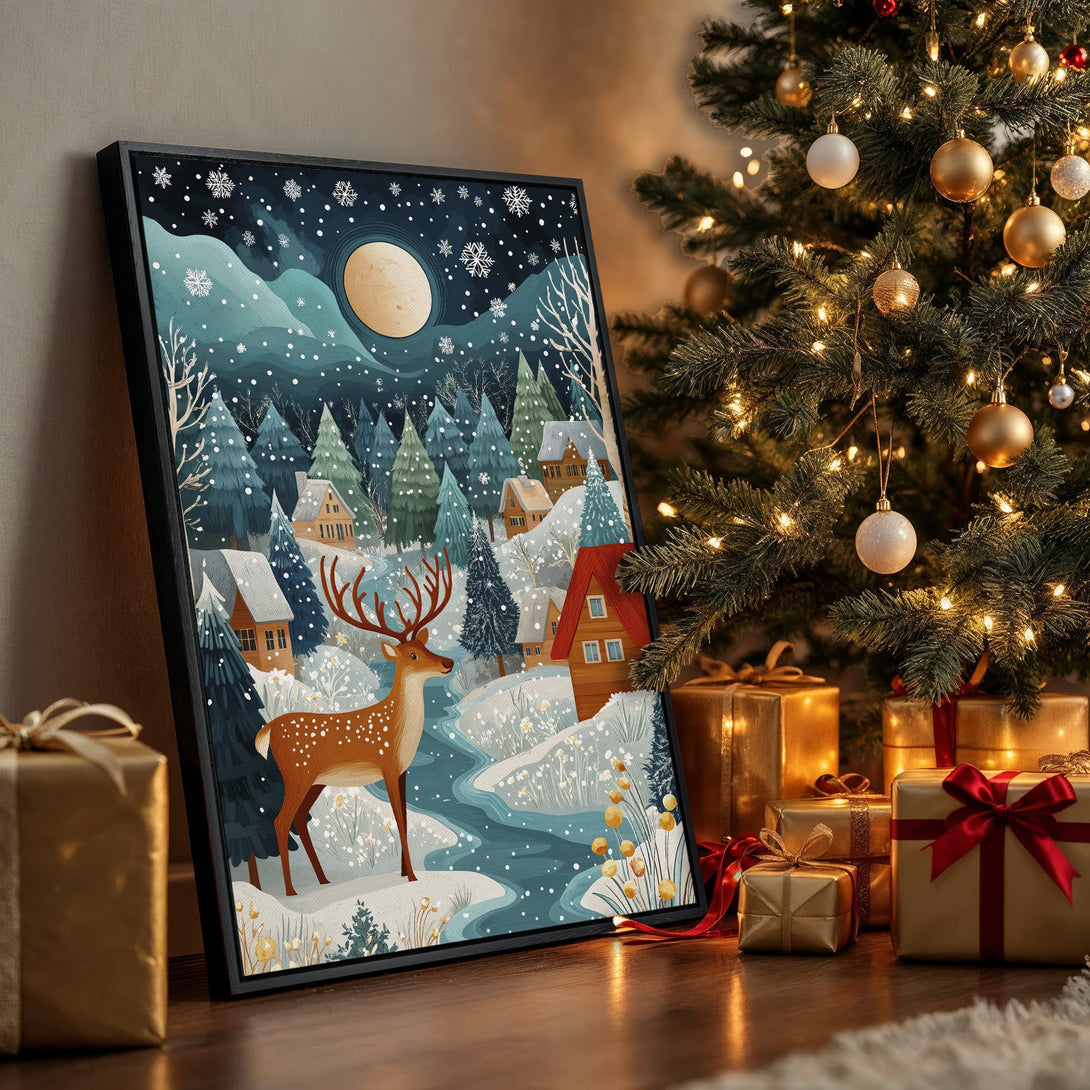 Framed Wall Art featuring a winter village scene with a deer, in a blue and brown color palette, perfect for Christmas decor.