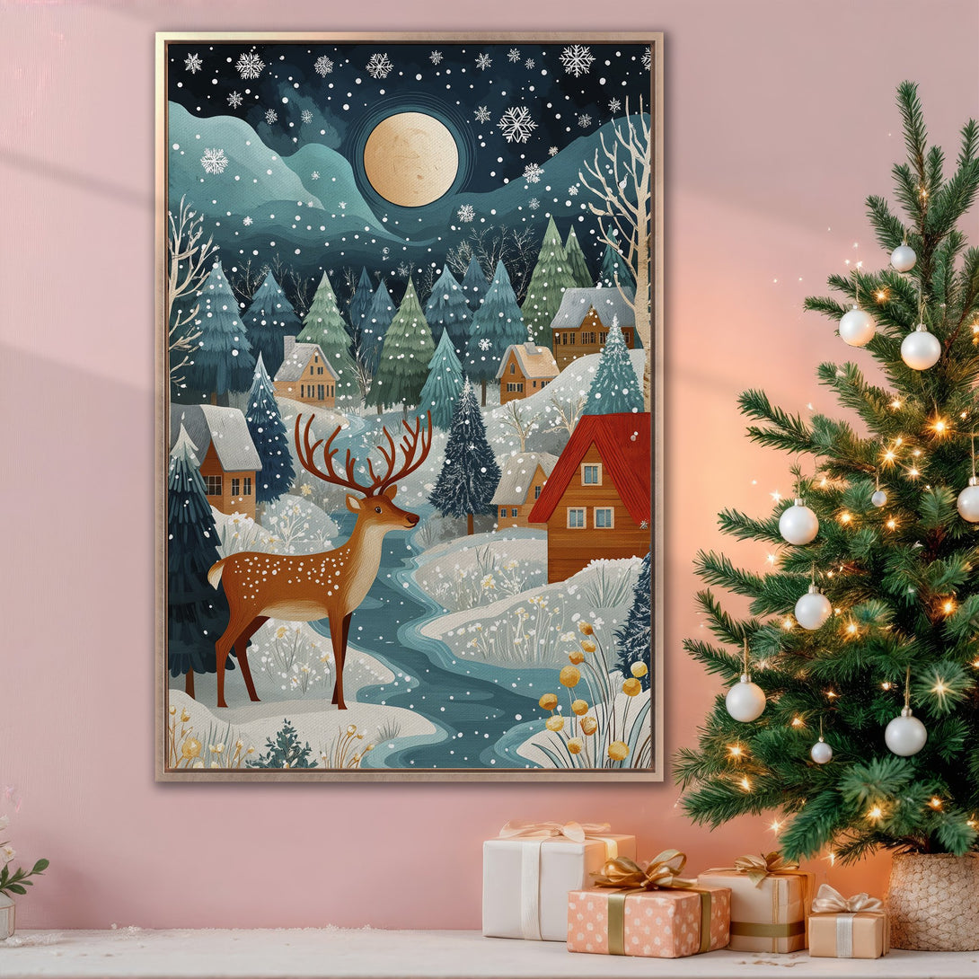 Framed Wall Art: Winter landscape Canvas Print with a deer, serene blue & brown tones. Perfect Christmas decor for a cozy home.