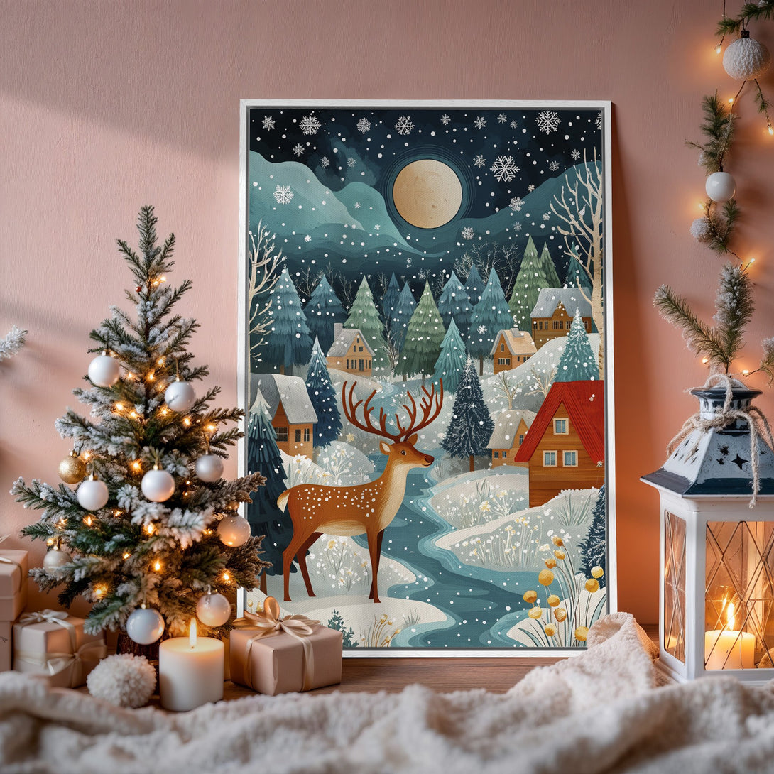 Framed Wall Art: Winter scene Canvas Print with a deer, snowy landscape, and a cool blue and green color palette. Perfect holiday decor!