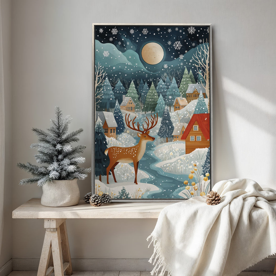 Framed Wall Art featuring a winter scene with a deer, in a whimsical style. Cool blue and warm brown color palette. Perfect for cozy home decor.