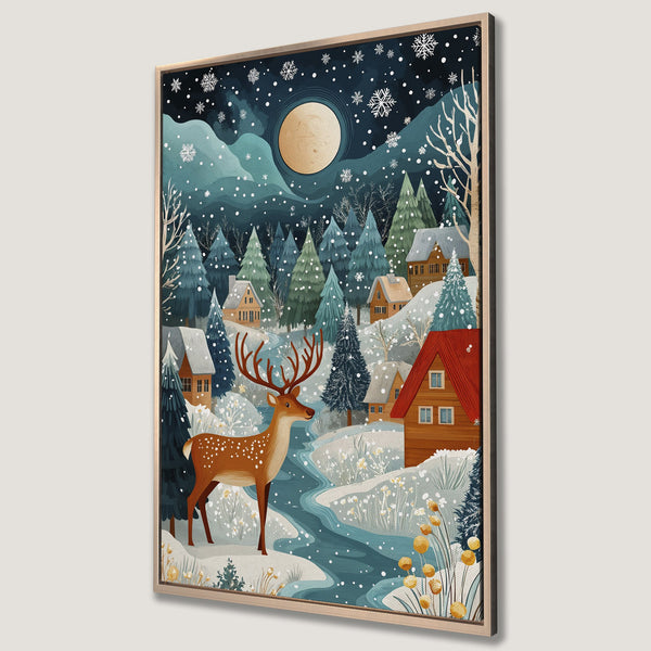 Framed Wall Art: Winter scene with a deer, village, and snowy landscape. Featuring a cool blue and warm brown palette. Perfect for cozy home decor.