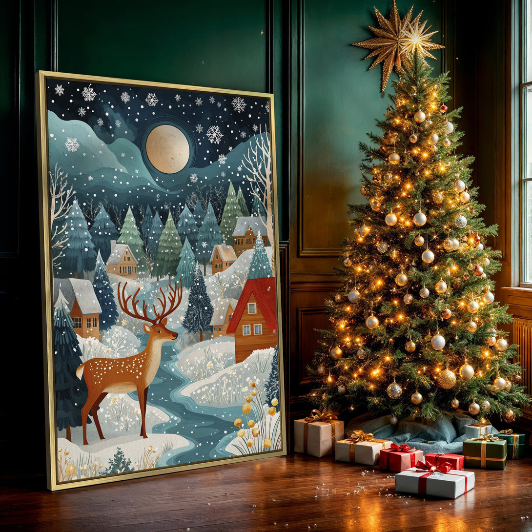 Canvas Print: Winter landscape with deer, houses, and snowy trees. A cozy, whimsical style with blue, green, and brown tones. Perfect for holiday decor.