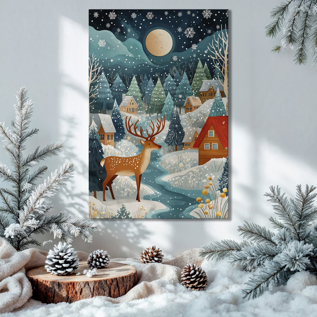 Framed Wall Art: Winter landscape Canvas Print with deer, snowy forest, and houses. Blue, brown, and gold color palette. Perfect Christmas decor.