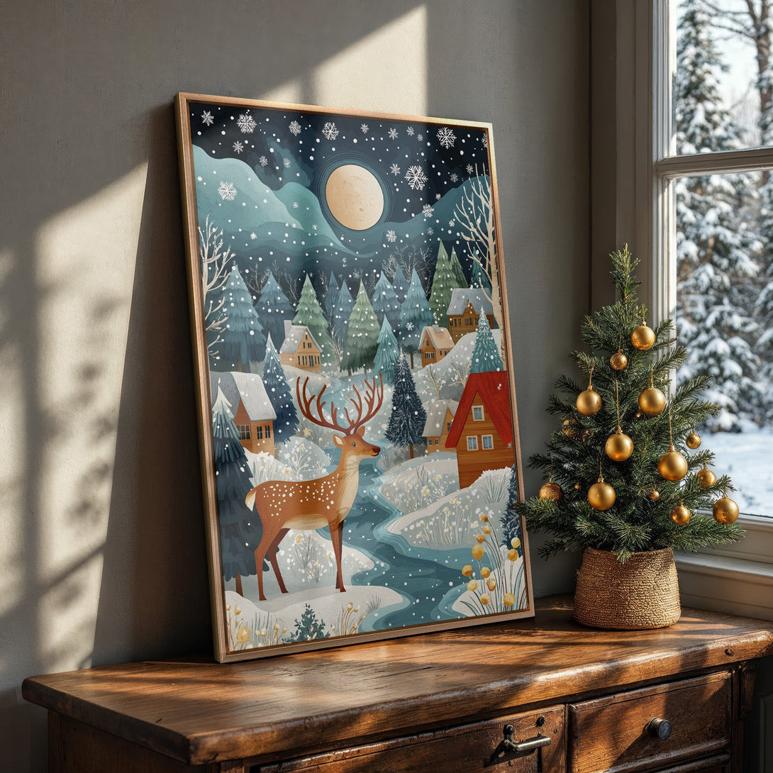 Framed Wall Art: Winter scene with deer, houses, and trees. Cozy illustration in blue, brown, and white tones. Perfect for holiday decor.