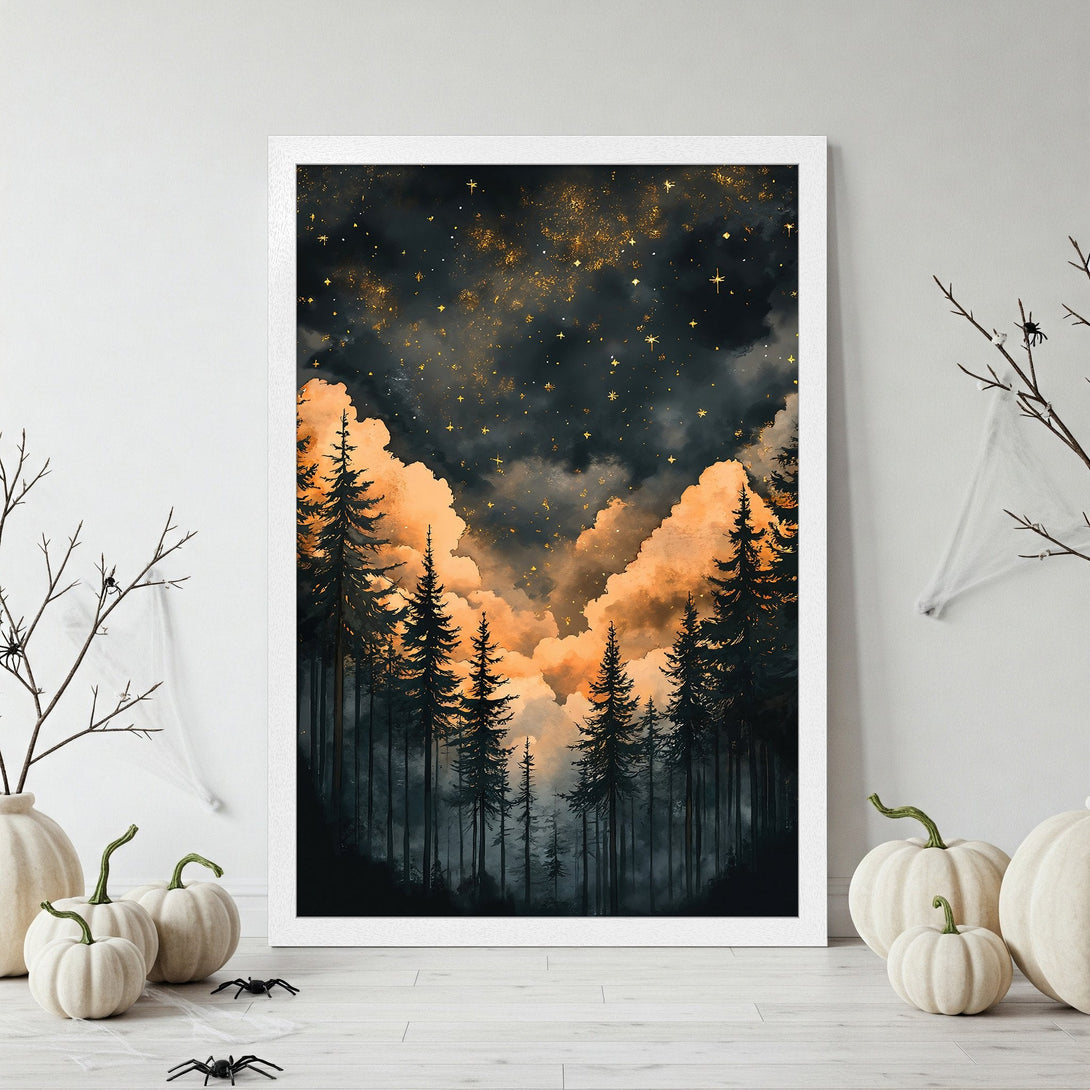 Framed Poster of a mystical forest with a starry sky, featuring a dark, moody color palette with gold and orange accents. Perfect wall art!