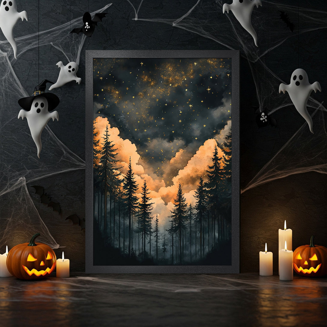 Framed Poster featuring a mystical forest scene with a dark, moody palette and golden accents. Perfect Halloween decor!