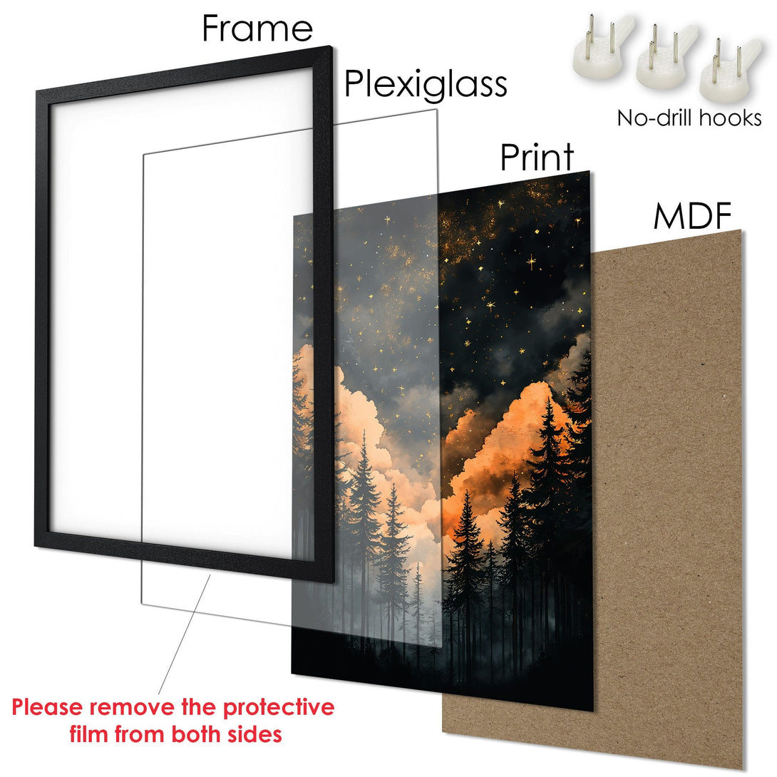 Framed Poster featuring a forest scene with a warm color palette. Perfect wall art for any space!