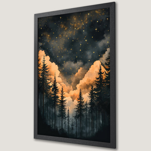 Framed Poster featuring a dreamy forest scene with a starry night sky, in a watercolor style with a dark, moody color palette.