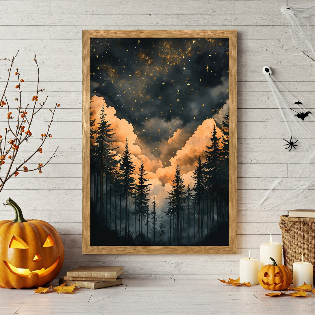 Framed Poster featuring a spooky forest scene with a dark, starry sky and orange clouds. Perfect Halloween decor!