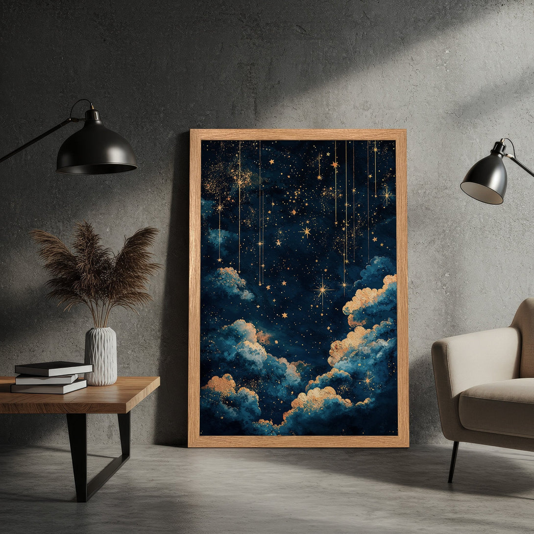 Framed Poster featuring a dreamy night sky with stars and clouds. Artistic style with a blue and gold color palette. Perfect wall art!