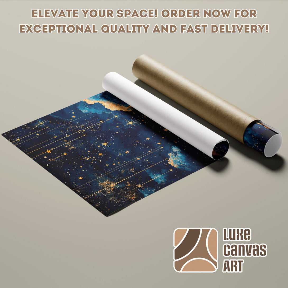 Poster Roll of a starry night sky art print in blue and gold tones. Elevate your space with Luxe Canvas Art!