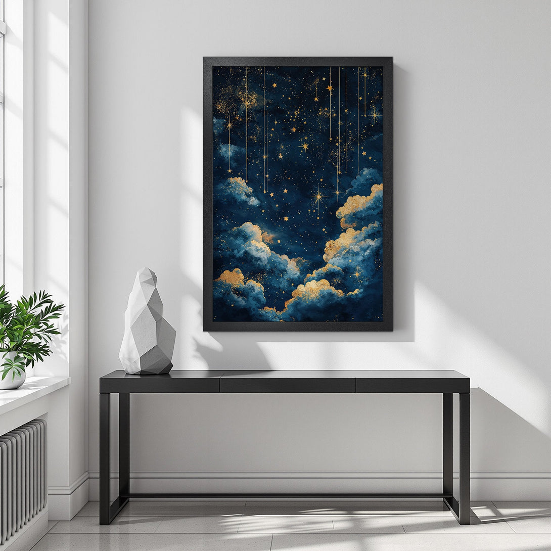 Framed Poster featuring a dreamy night sky with clouds & stars. Artistic style with a blue & gold color palette. Perfect wall art for any room.