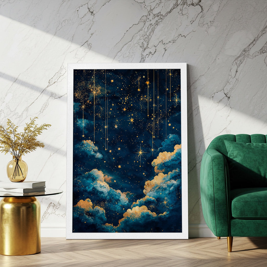 Framed Poster featuring a dreamy night sky with stars and clouds. Artistic style with a deep blue and gold color palette. Perfect wall art!
