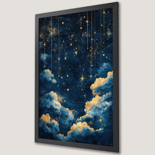 Framed Poster featuring a celestial night sky with gold stars and clouds, artistic style, in a blue and gold color palette.