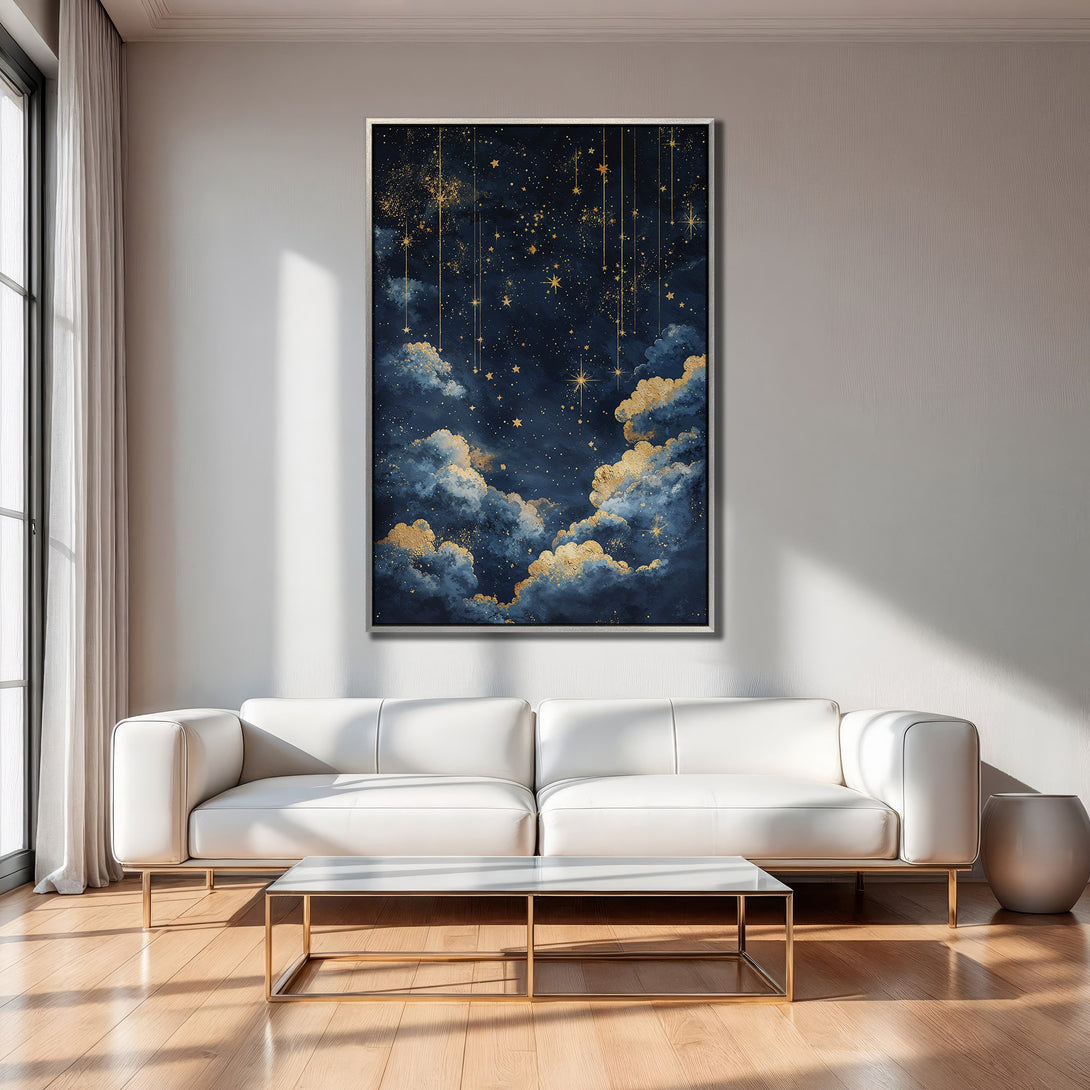 Framed Wall Art: Celestial night sky canvas print in blue, gold, and white. Modern art for living room decor.
