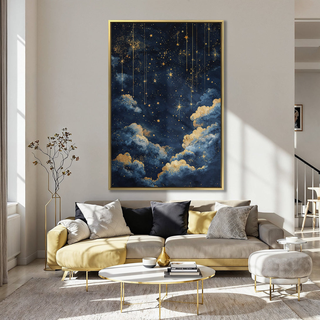 Canvas Print of a starry night sky with gold accents and blue clouds, displayed in a stylish interior.