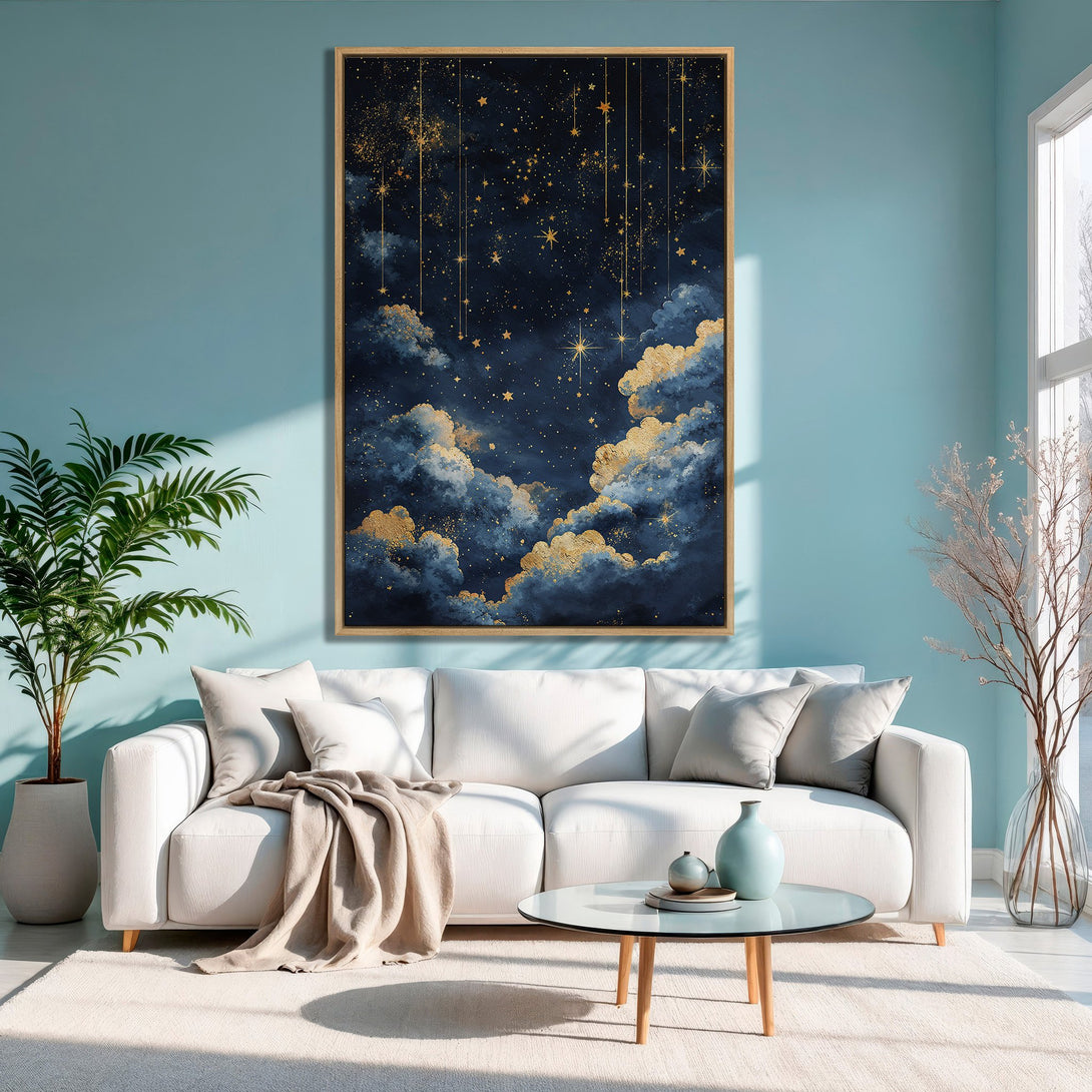 Framed Wall Art: Celestial night sky canvas print in navy, gold, and blue. Perfect for adding a touch of elegance to your home decor.