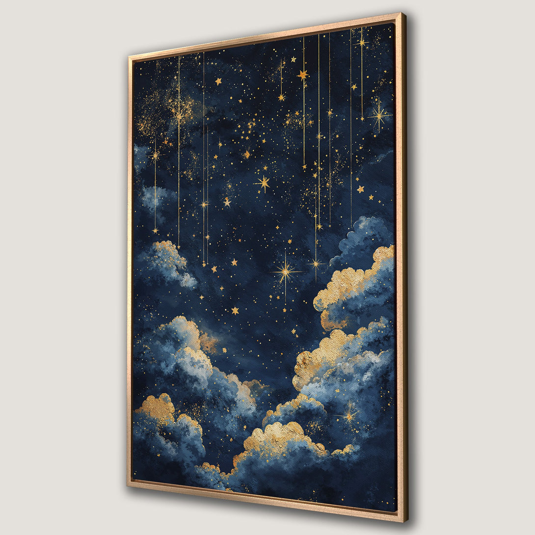 Framed Wall Art: Celestial night sky Canvas Print with gold stars and clouds. Stunning blue and gold abstract art for your home.