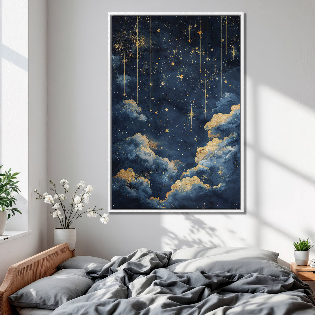 Framed Wall Art: Celestial night sky canvas print with gold accents and a navy blue and gold color palette, perfect bedroom decor.