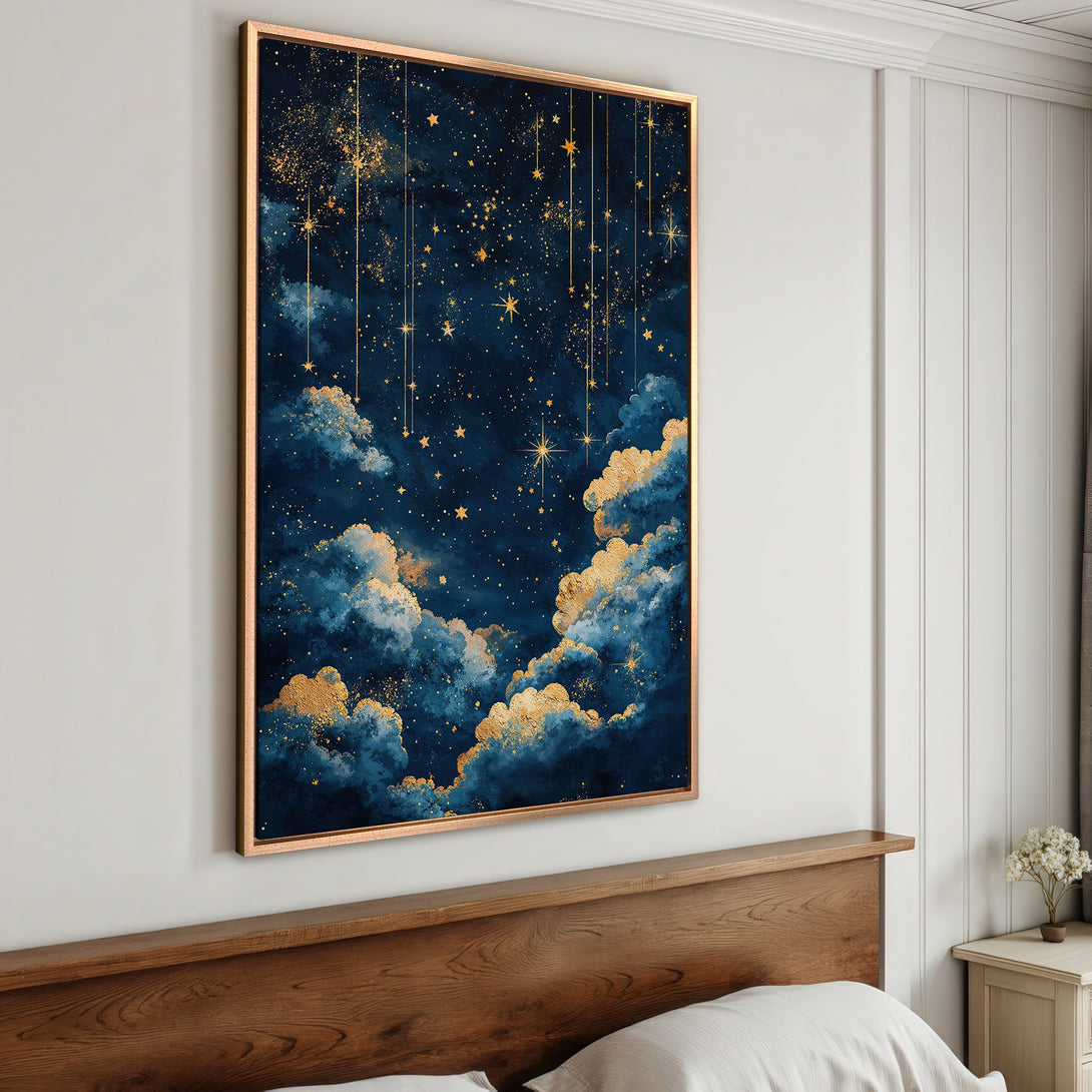 Framed Wall Art: Celestial night sky canvas print with gold accents. Perfect for bedroom decor! Features a dreamy, abstract style with a blue and gold color palette.