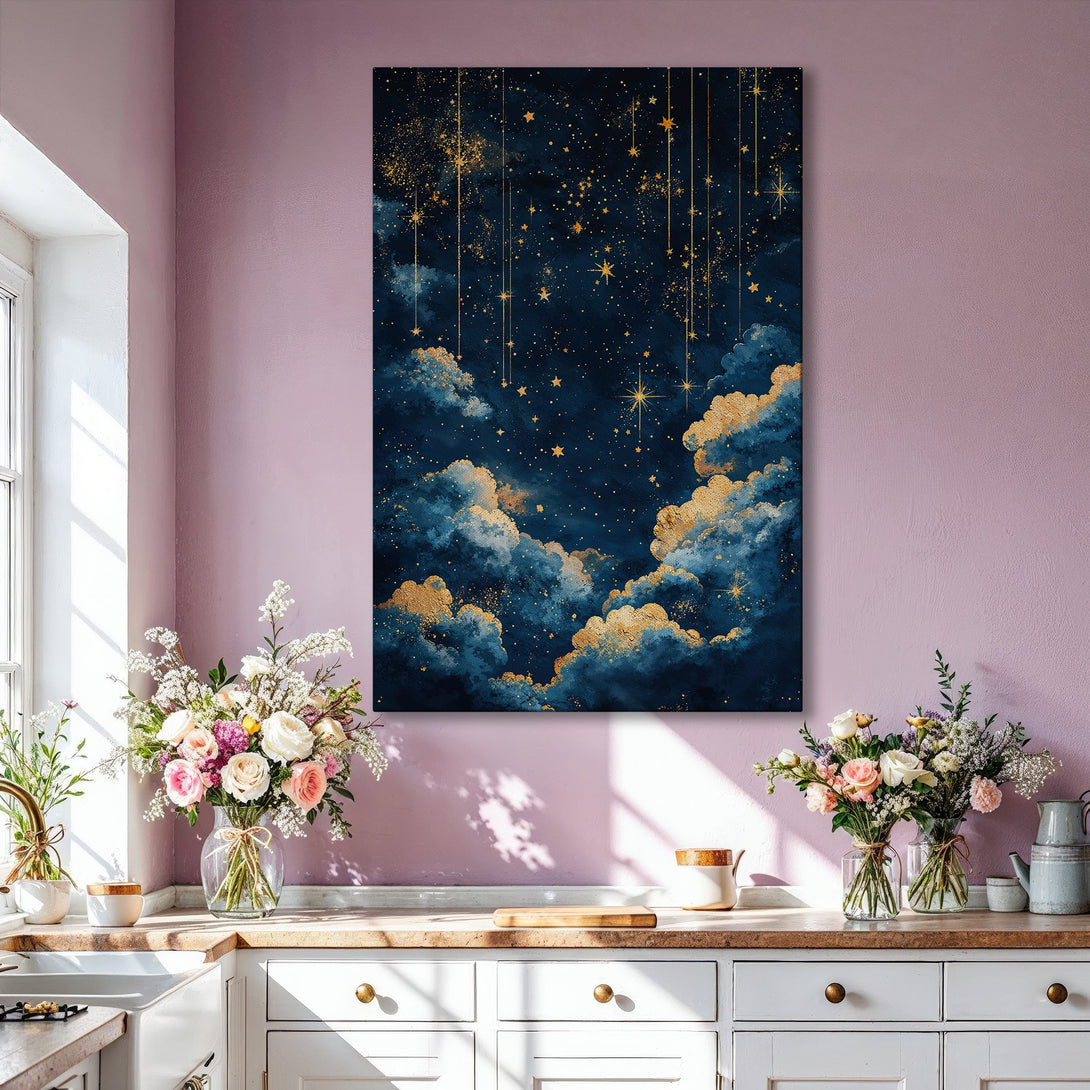 Framed Wall Art: Stunning celestial night sky canvas print in navy blue and gold. Modern art perfect for living room decor. Shop now!