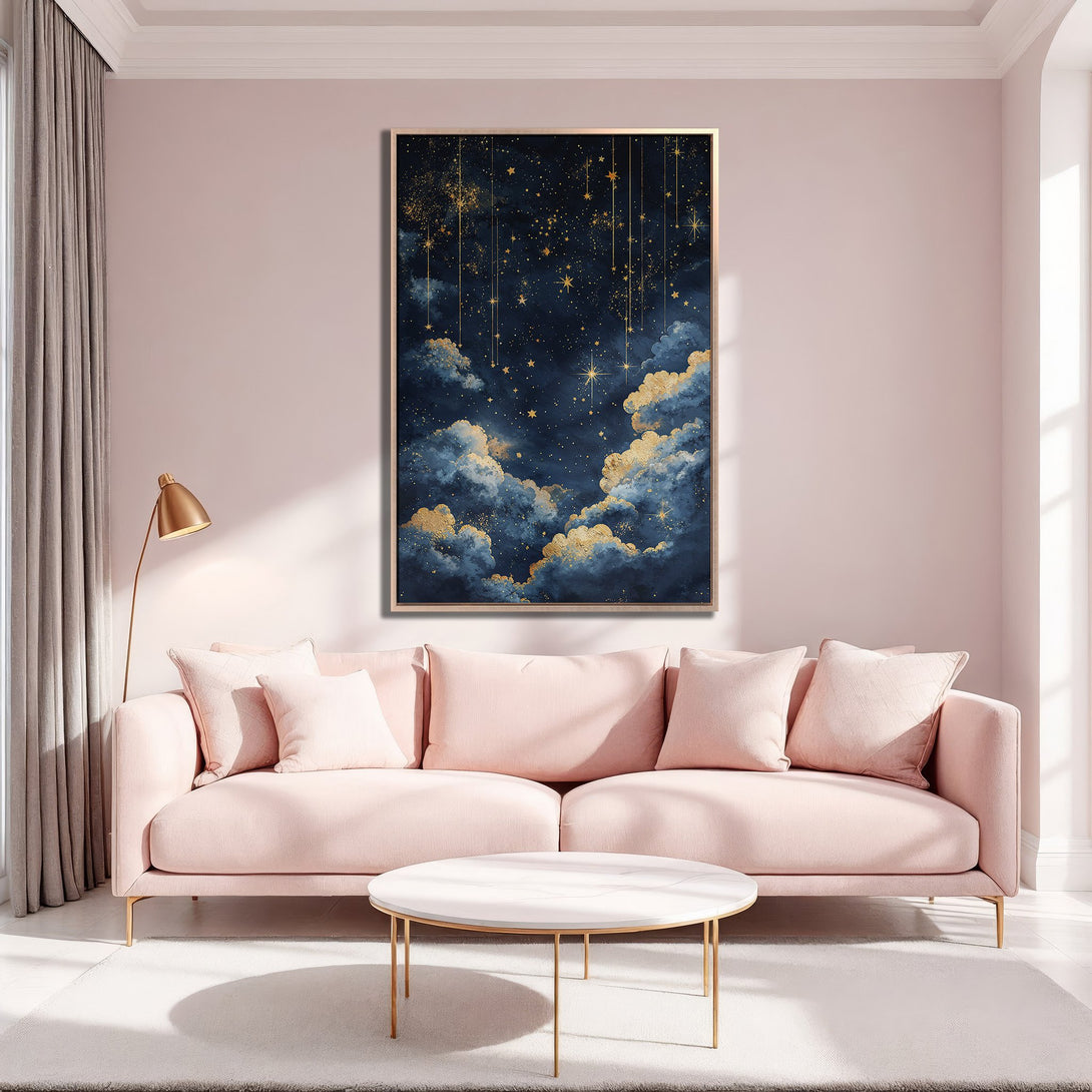 Framed Wall Art: Celestial night sky canvas print with gold accents, displayed in a modern, blush-toned living room. Adds a touch of elegance!