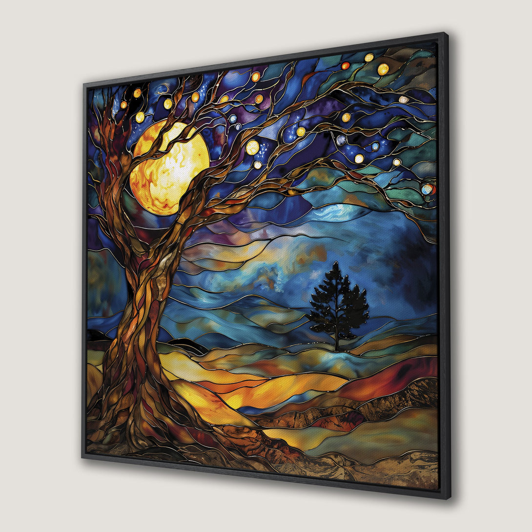 Framed Wall Art: Stained glass style tree and moon art in a vibrant blue, yellow, and orange color palette. Perfect for adding a touch of magic to any room.
