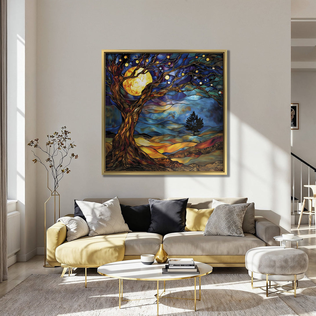 Canvas Print of a vibrant stained-glass style tree with a full moon, in warm gold, orange, and blue tones. Perfect wall art for any room.