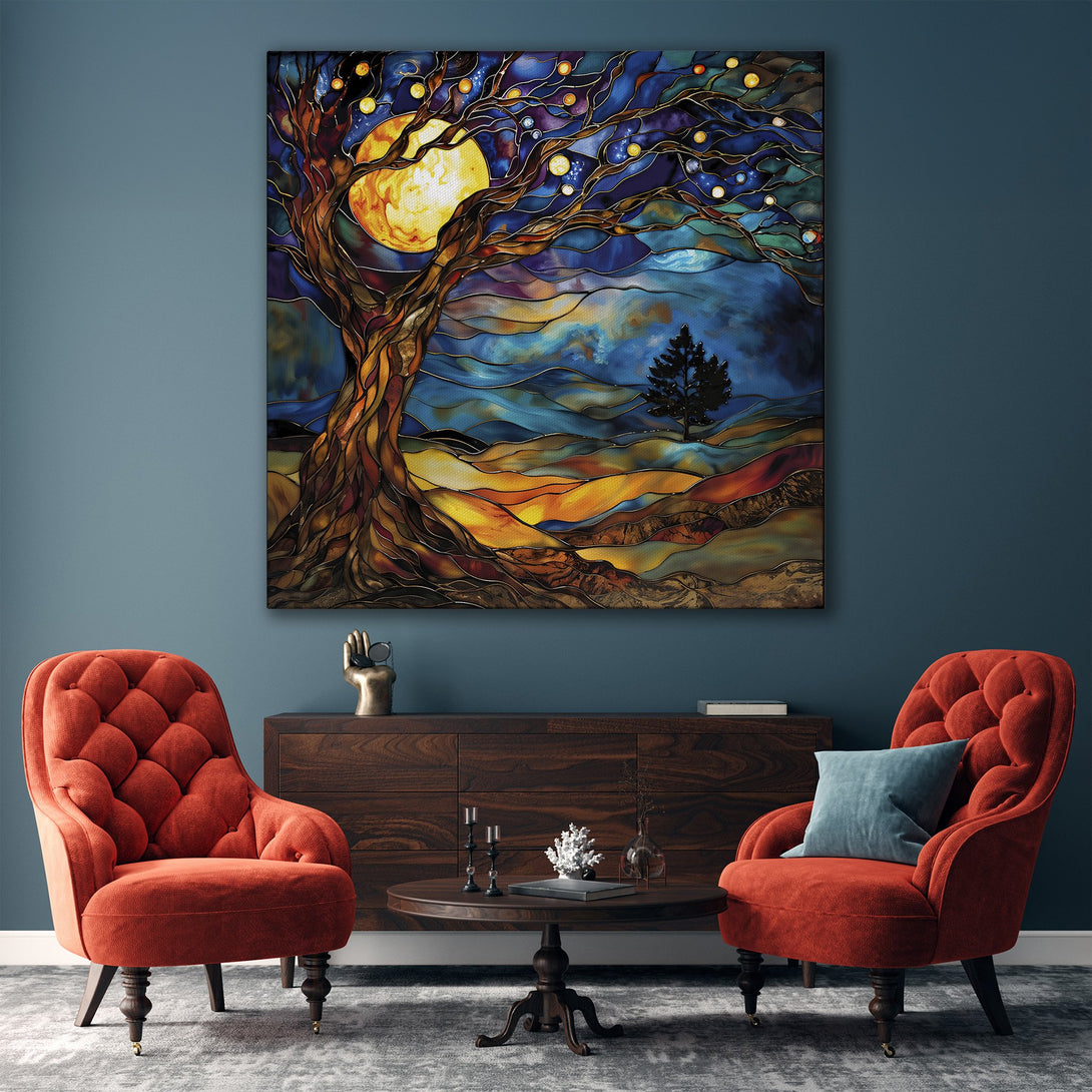 Framed Wall Art: Stained glass style tree art in a gold frame. Beautiful blue, orange, and yellow color palette. Perfect for living room decor.