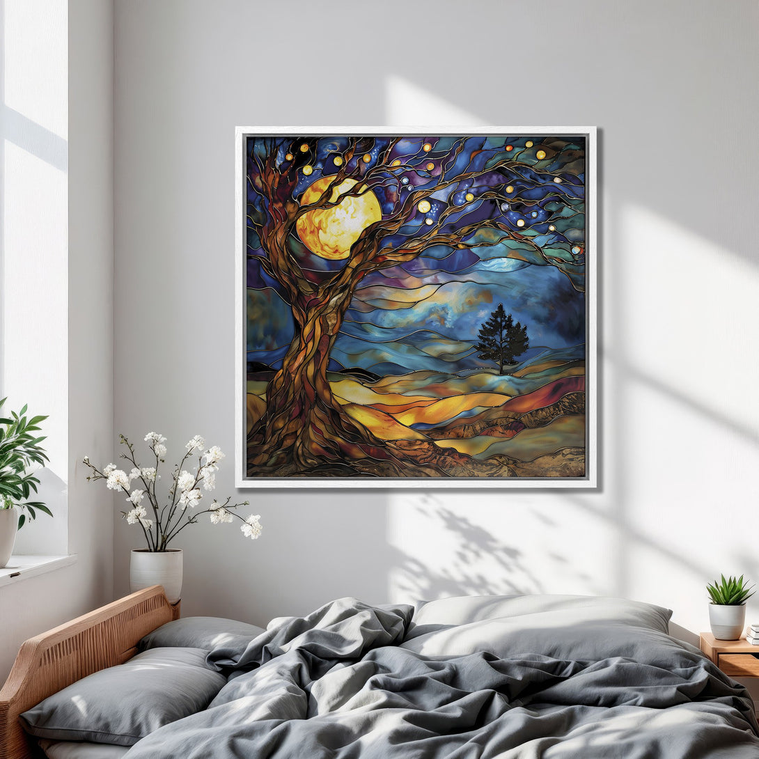 Framed Wall Art: Stained glass style tree art with moon in a bedroom. Warm color palette of blues, golds, and browns. Enhance your space with this unique print.