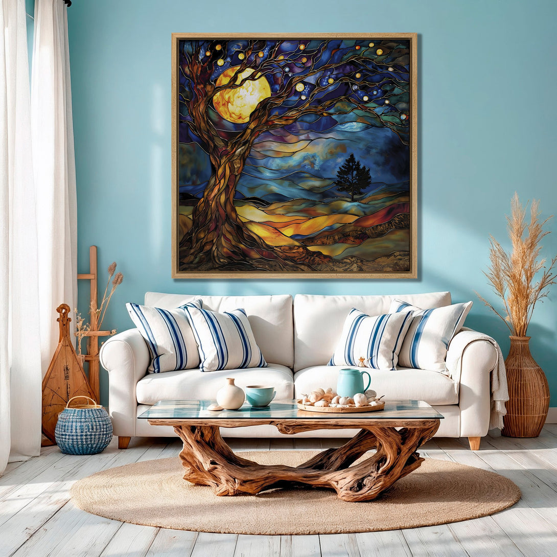 Framed Wall Art: Stunning stained-glass style tree painting with a warm color palette. Adds a touch of art & elegance to any room. Shop now!