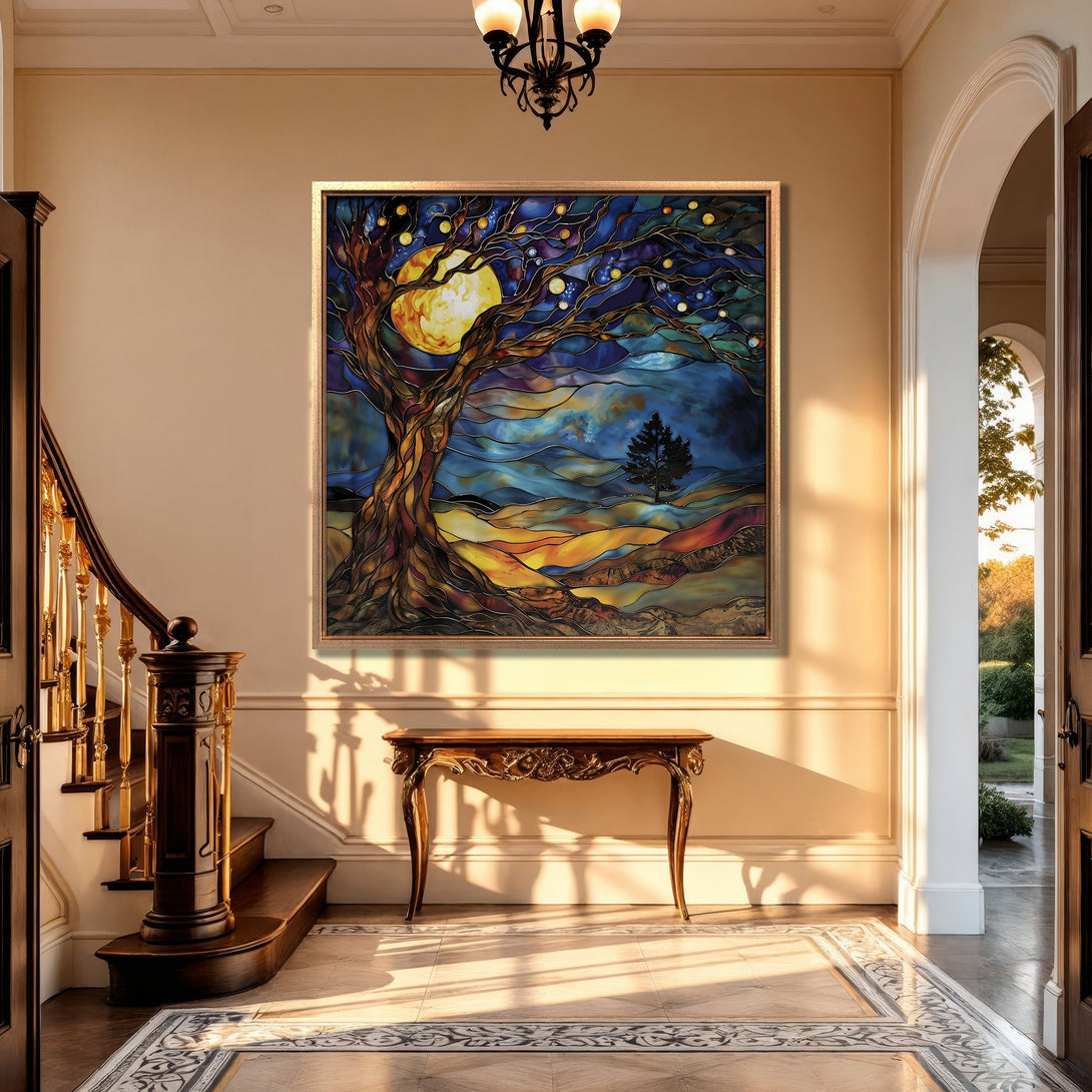 Framed Wall Art: Stained glass style Canvas Print of a tree with a moon, rich blues, yellows, and oranges, adding artistic flair to a hallway.