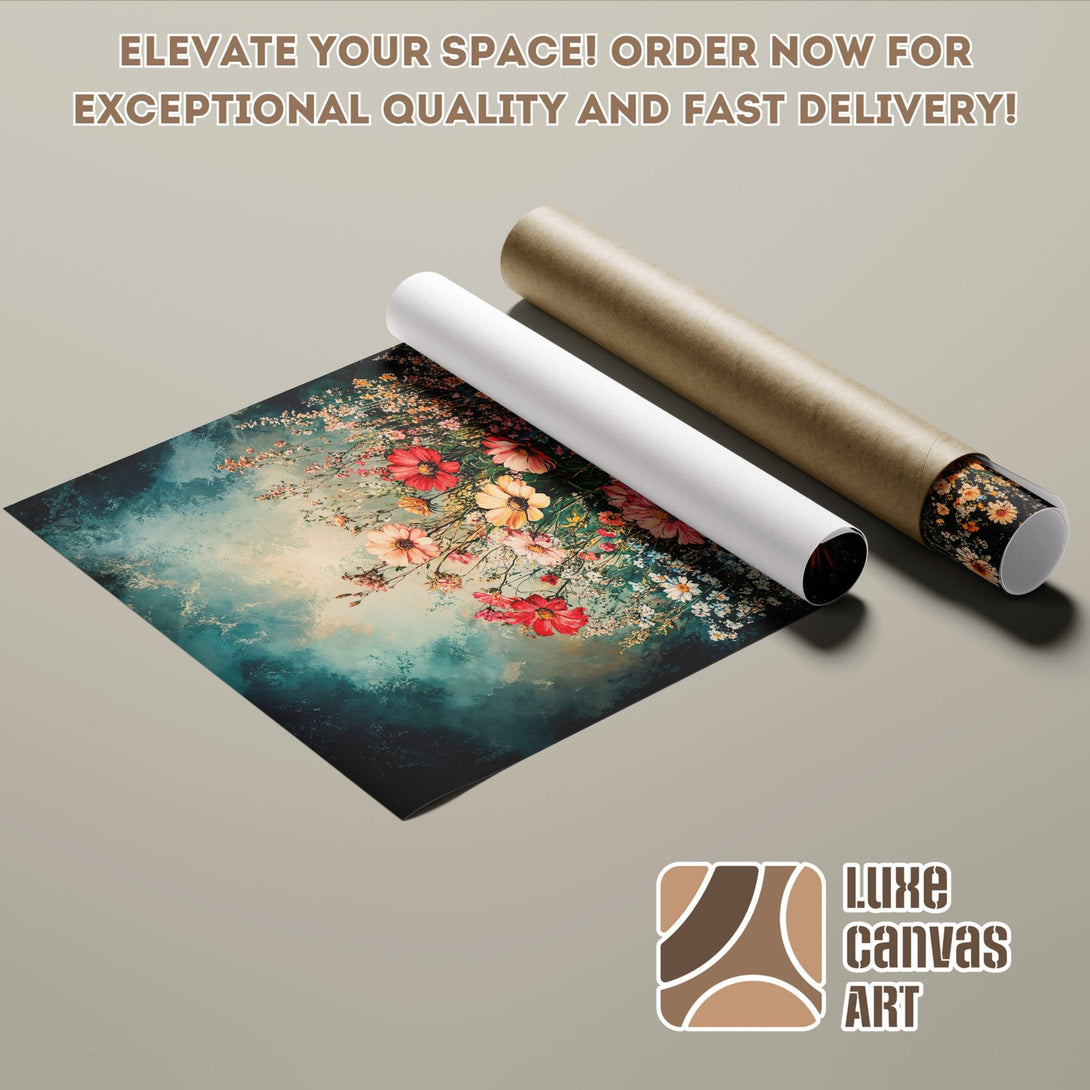 Floral Poster Roll with teal and red color palette. Elevate your space with art!