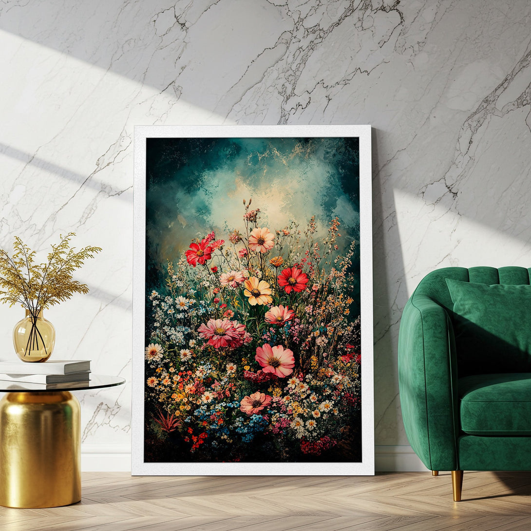 Framed Poster featuring a vibrant floral bouquet. Artistic style with a colorful palette of reds, pinks, and greens, perfect for home decor.