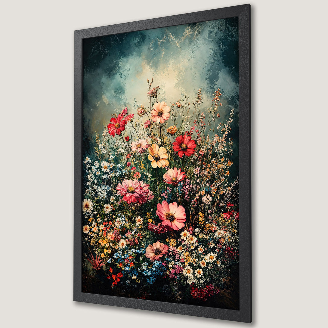 Framed Poster featuring a vibrant floral meadow in a painterly style, with a rich, colorful palette of reds, pinks, and blues.