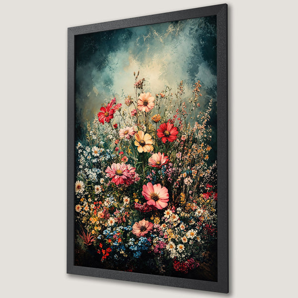Framed Poster featuring a vibrant floral meadow in a painterly style, with a rich, colorful palette of reds, pinks, and blues.
