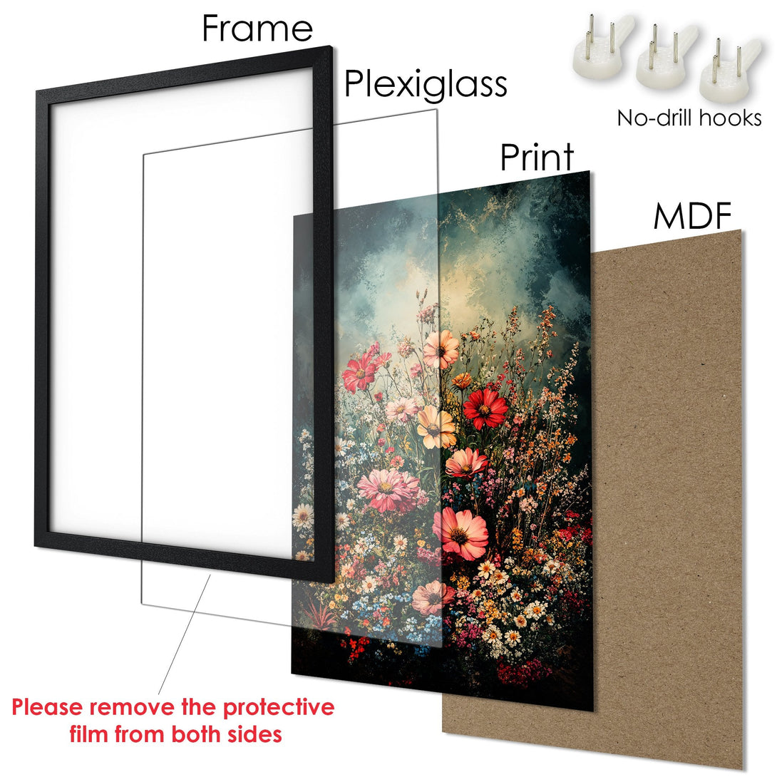 Framed Poster featuring a vibrant floral art print in a dark, moody style with red, pink, and teal color palette. Ready to hang!