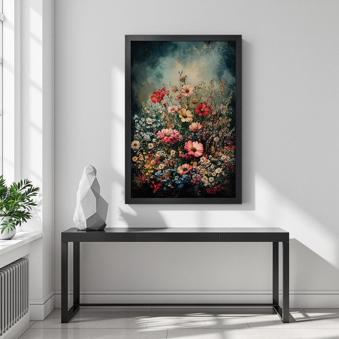 Framed Poster of vibrant floral artwork in a moody style with a colorful palette. Perfect wall art for any room.