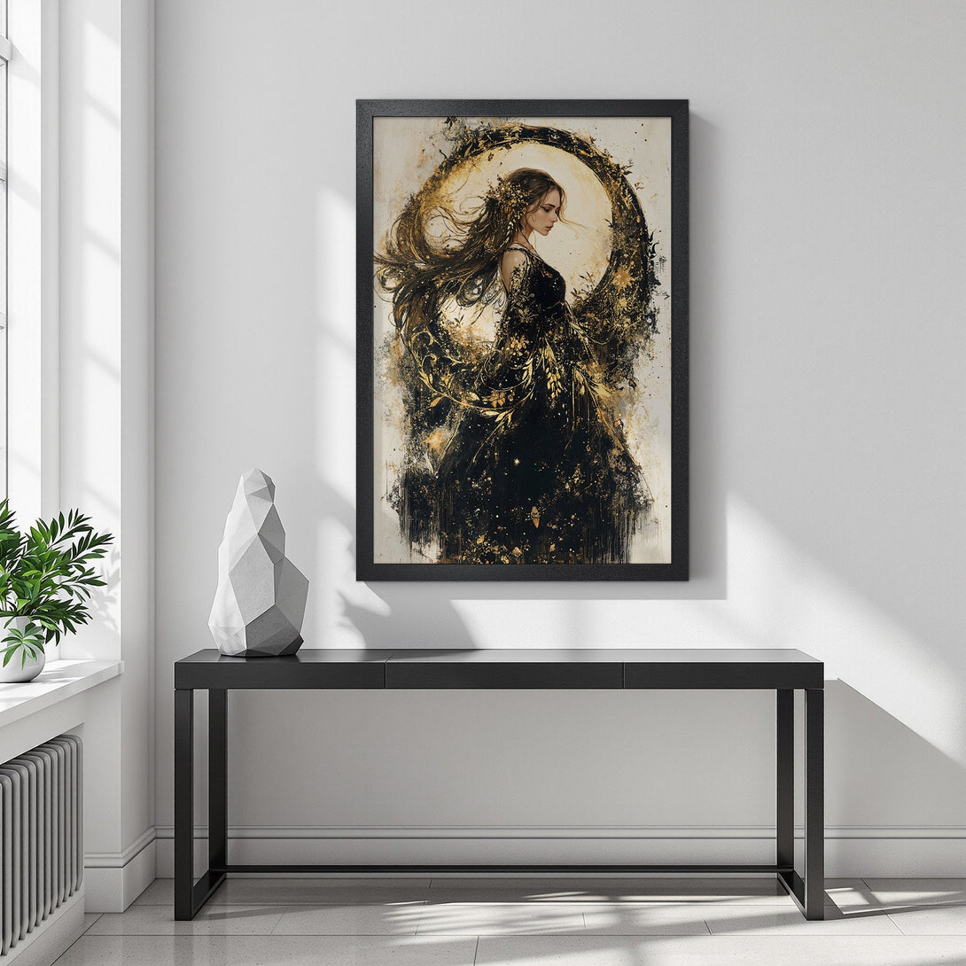 Framed Poster featuring a woman with flowing hair, gold accents, and a black dress. Elegant art in a neutral color palette.