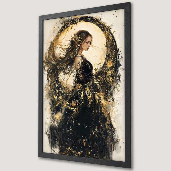 Framed Poster featuring a woman in a black dress with gold accents. Artistic style with a black, gold, and cream color palette. Perfect wall art.