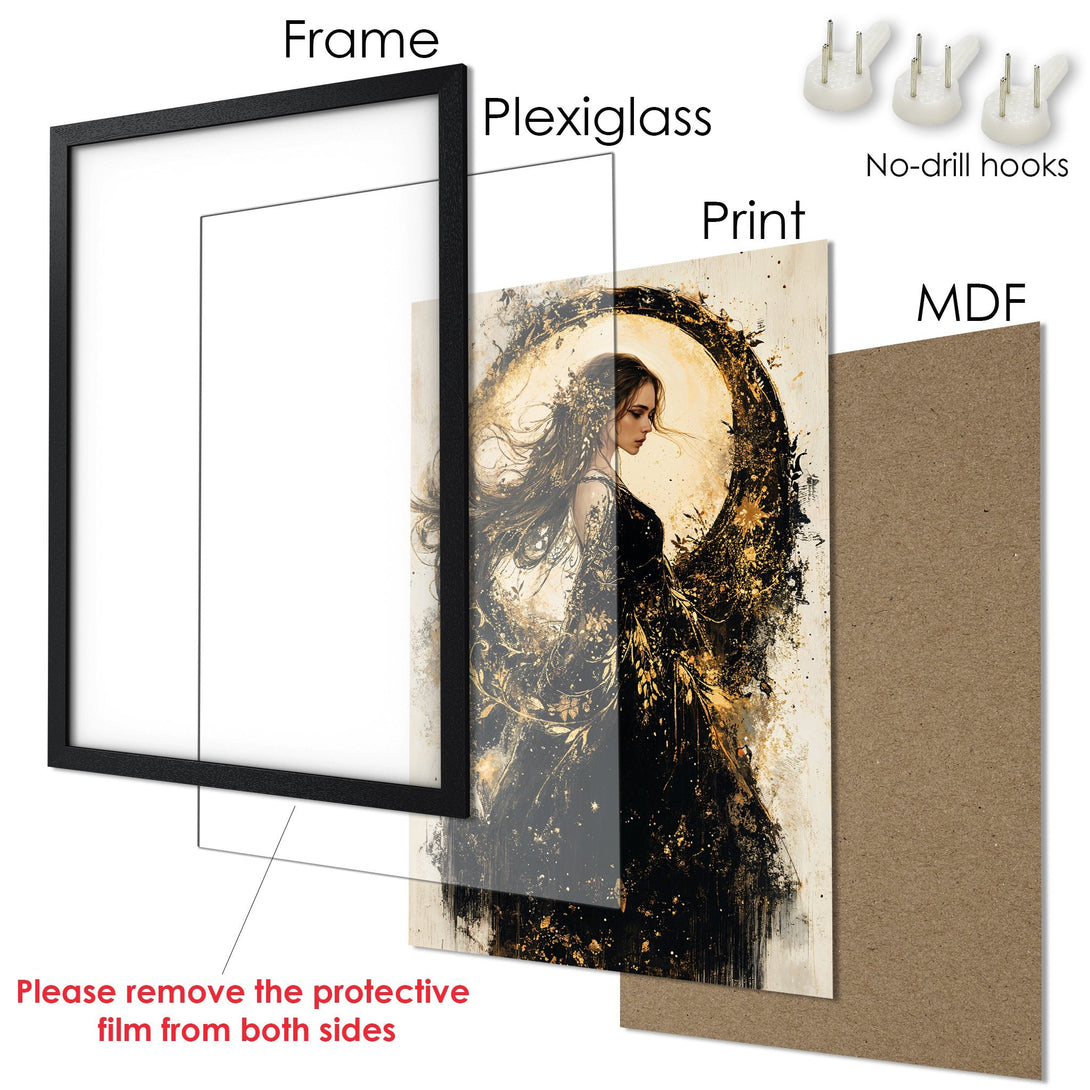 Framed Poster featuring a woman in a mystical style, with a black and gold color palette. Ready to hang!